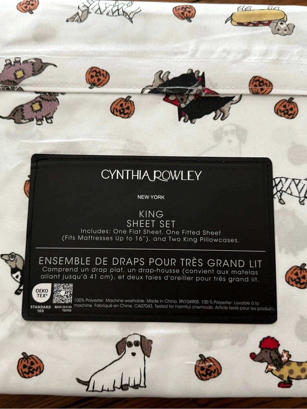 Cynthia Rowley White Halloween Dachshund Print King Sheet Set